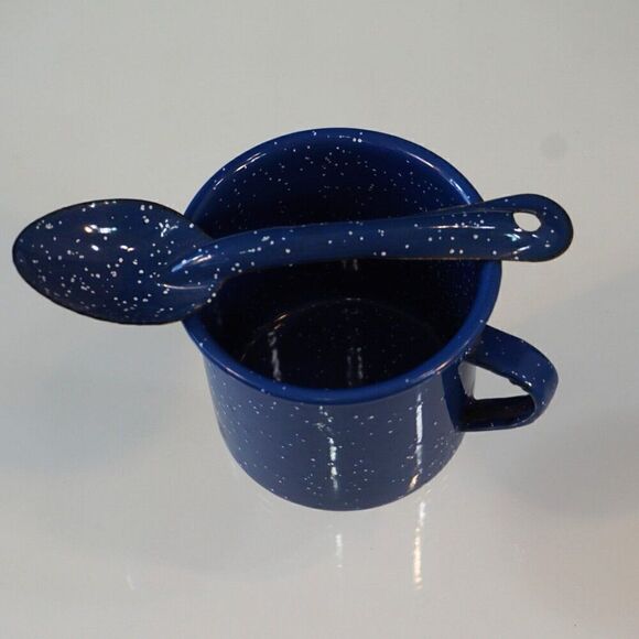 Enamelware Mug With Spoon Blue Speckled White Camping Fireside 12 oz Cup - Picture 2 of 6